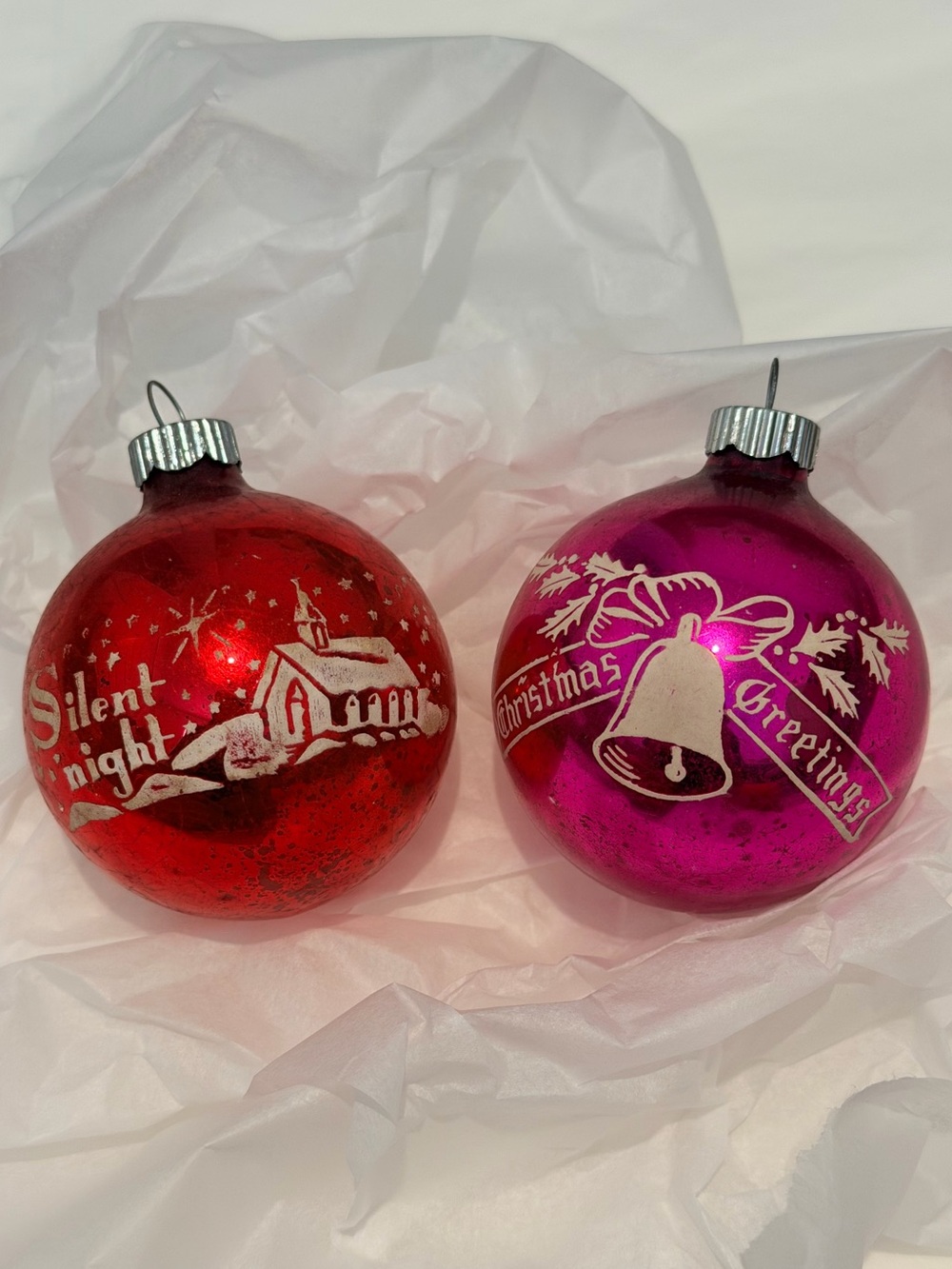 Vintage Shiny Brite Christmas Ornament Set - Silent Night & Christmas Greetings